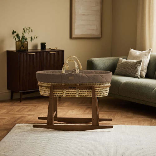 Organic Quilt Moses Basket, Mattress & Walnut Rocking Stand Cocoa with ‐ The Little Green Sheep