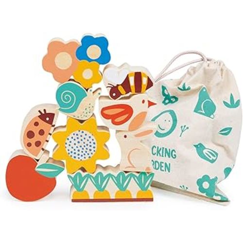 Mentari Toys - Happy Stacking Garden - 9 Wooden Nature Theme Pieces Stacking Toy - Boost Fine Motor Skills and Dexterity - Age 18 Months+