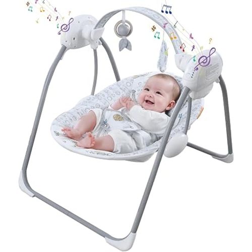 Baby Swing for Infant,Newborn Swing with Music,5 Speed Levels,Timing Setting,Space Adventure Soft Cushion,Foldable Infant Swing with Toy & Mirror for Indoor Outdoor Use 0-9 Months