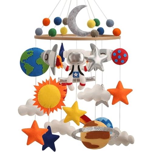 Flora & Ivy Space Mobile for Crib - A Colorful Solar System Crib Mobile with Stars and Planets and Rocket for a Space Themed Nursery