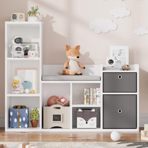 Toy Storage Organizer with Reading Nook, 44.1" Wide Kids Bookshelf, 6-Cubby Bookcase Bench w/ Seat Cushion & 2 Drawers for Nursery, Playroom, Bedroom