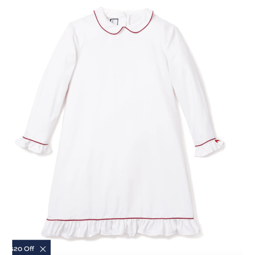 Girl's Twill Sophia Nightgown in White with Red Piping
