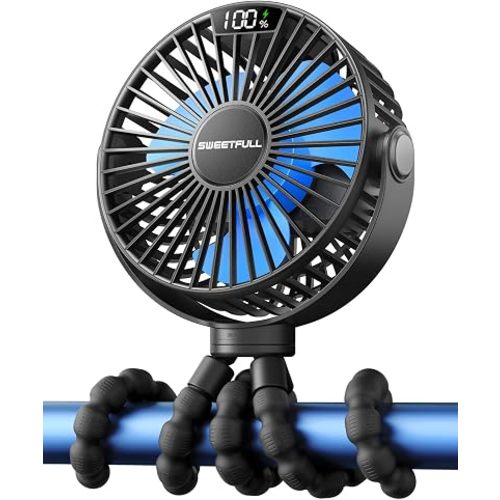 SWEETFULL [2026 Upgrade Portable Stroller Fan with LED Display, 4 Speed Rechargeable Mini Clip On Fan, 360° Rotate Flexible Tripod Better Cooling Small Baby Fan for Car Seat Crib Travel Treadmill
