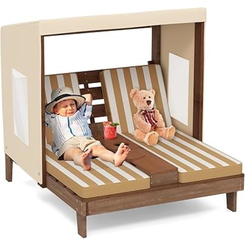 Costzon Kids Lounge Chair Outdoor, Wood Double Seat Chaise Lounge with Canopy, Cup Holders, Cushion, Backrest Recliner, Kids Patio Furniture, Gift for Boys Girls 3-8 Years Old