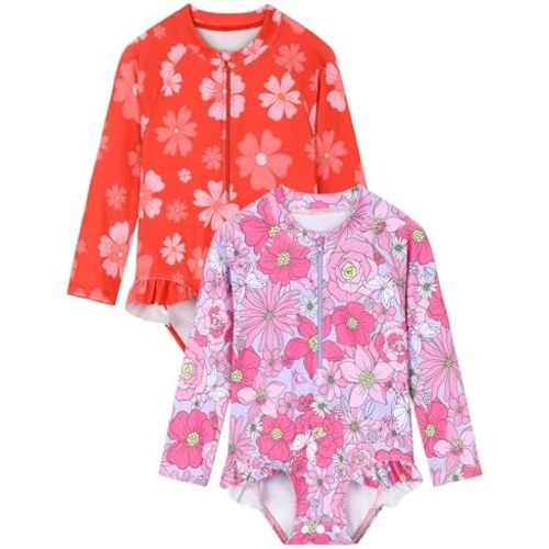 2 Pack Baby Toddler Girl Long Sleeve Ruffle Swimsuit Floral One-Piece Zipper Rash Guard UPF 50+Sun Protection