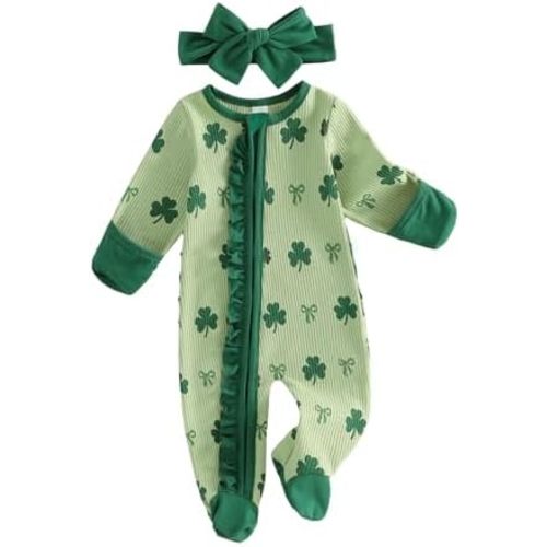 Ayalinggo Newborn Baby Romper Infant Girl One-piece Outfit Waffle Ruffle Zip Footie Spring Summer Clothes With Bow Headband