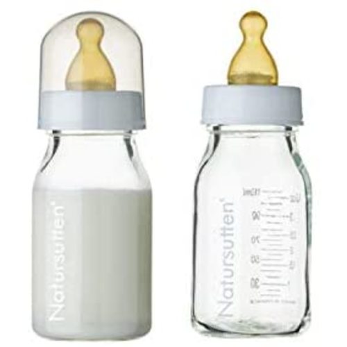 Natursutten Anti-Colic Bottles - 4 Oz Baby Bottles Glass - Newborn Set with Natural Rubber, Slow-Flow Bottle Nipples - Borosilicate Glass - 2 Pack
