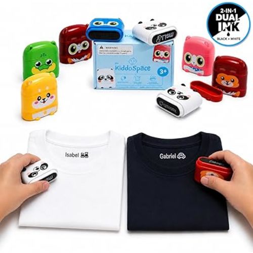 FOR DAY CARE: Personalized Name Stamp for Kids Clothing — Double-Sided White + Black Ink, Waterproof & Permanent | Custom Fabric Stamp + 30 Stickers