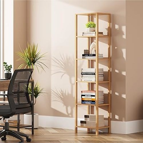 TUTOTAK Bookshelf, 6-Tier Tall Book Shelf, Narrow Bookcase for Small Space, DIY Stackable Bookshelf, for Living Room, Office, Study, Entryway, Industrial, Natural BS01BN006