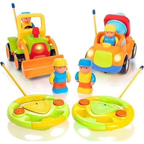 PREXTEX 2 Pack Remote Control Cars for 3-5 Year Old Boys - Truck and Tractor Toddler Toys with Easy Controllers - Sound and Light Play Features - Fun Birthday Gift Toy for Kids