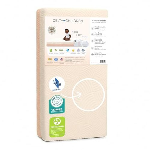 Delta Children Summer Breeze Mattress - Breathable Baby Crib & Toddler Mattress with Cloud Core - Machine Washable Cover - GREENGUARD Gold – Waterproof - Sustainably Sourced Core, Apricot/White