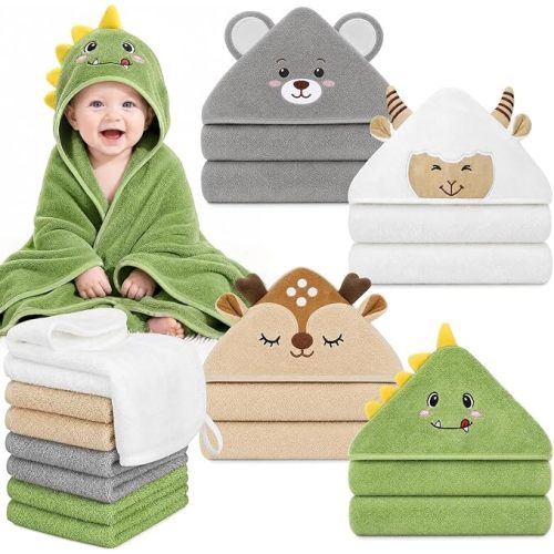 12 PCS Baby Bath Towels Set for Infants Toddlers Essentials (Deep Green, White, Grey, Brown) | Animal Hooded, Ultra Thick Soft Absorbent, 4 Baby Towels & 8 Washcloths for Boy Girl Infants (Dinosaurs, Sheep, Elk, Bear)
