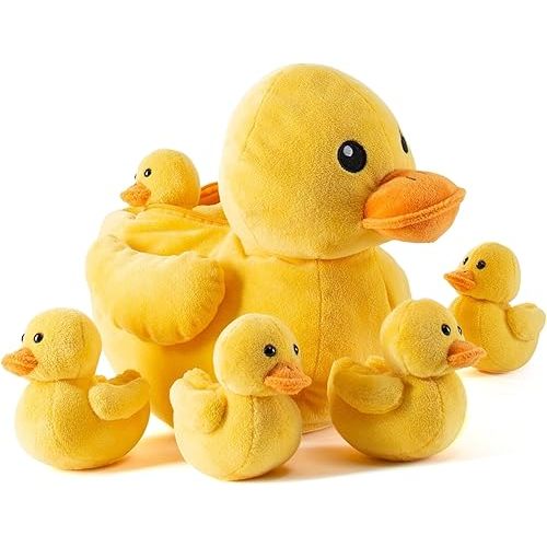 PREXTEX Plush Duck Toys Stuffed Animal with 5 Ducks Baby Stuffed Animals - Big Duck Zippers 5 Little Plush Baby Ducklings - Duck Plush Toys for Kids 3-5 - Duck and Duckling Toy - Gift for Duck Lovers