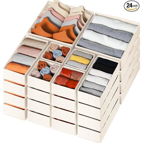 Criusia Drawer Organizer Clothes, 24 Pack Dresser Organizer Bins for Nursery Bedroom, Closet Organization and Storage Dividers for Clothing, Baby Clothes, Underwears, Socks (Beige)