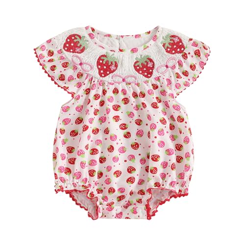 Mokoggiri Infant Girls Embroidery Strawberry Romper Newborn Baby Coming Home Outfit Summer Casual Fly Sleeve Smocked Bodysuit