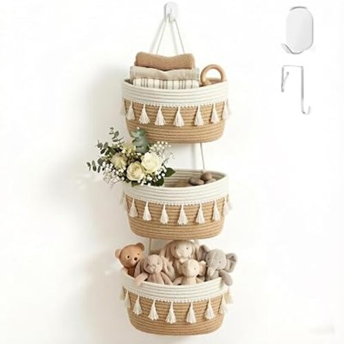 Hanging Basket, Over Door Organizer, 3 -Tier Wall Basket with Hooks (Tassel)