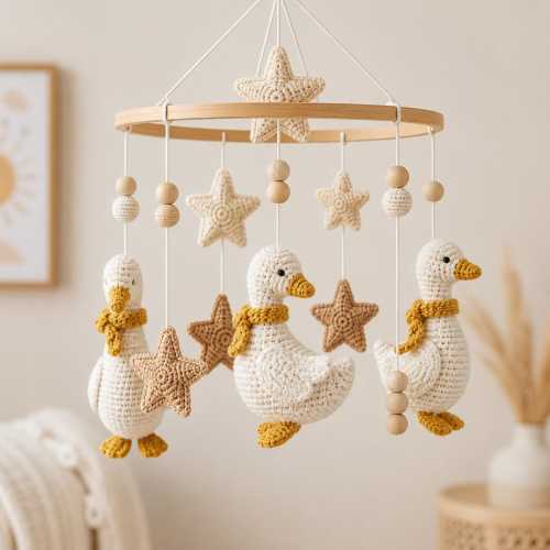 Crochet Goose Baby Mobile, Swan Crib Mobile, Neutral Nursery Decor, Star Mobile, Handmade Baby Shower Gift, Baby Room Decor