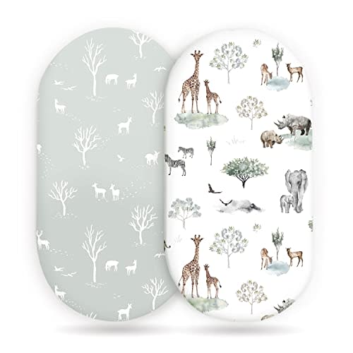 Stretch Ultra Soft Fitted Bassinet Sheet Set 2 Pack, Universal Fit for Bassinets Baby Cradle Moses Basket Oval Rectangle Mattress Safe and Snug, Pretty African Savannah Animals Pattern