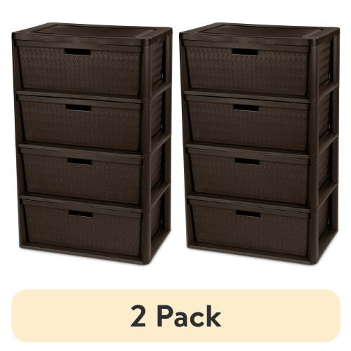 (2 pack) Sterilite Wide 4 Drawer Tower, Plastic Storage Organizer with Removable Decorative Bins, Easy Assembly, No Tools Needed, Brown