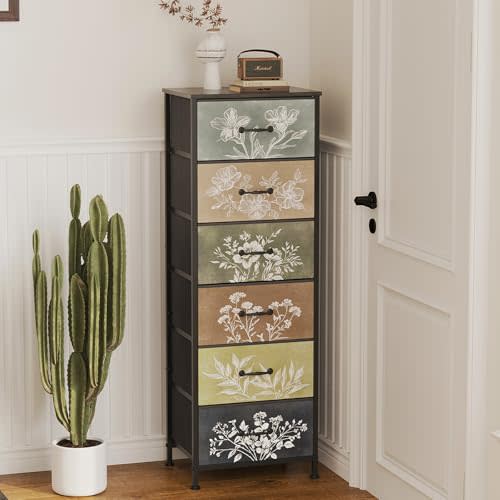 Tohomeor Vintage Dresser Vertical Nightstand with Neutral Botanical Plant Fabric Chest Drawers for Closet Bathroom Storage Tower Unit Bed Side Organizer Farmhouse Rustic (Multi, 6 Drawers)