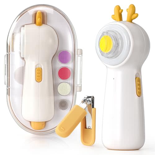 Baby Electric Nail File with Clipper, 5-in-1 Baby Nail Trimmer with LED Light, Rechargeable Nail Clippers for Infant Toddler Kid Adult, Low Noise, Includes 5 File Pads, Yellow Deer