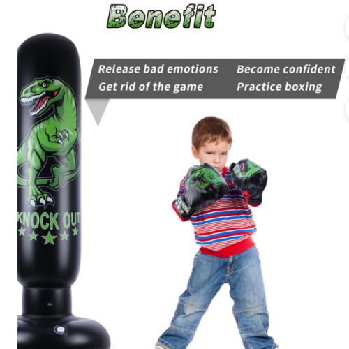Dinosaur Punching Bag for Kids - 63 inch Inflatable Boxing Bag with Gloves - Children Sports Toys Exercising Boxing Set for Training Karate and Taekwondo - Freestanding Tumbler Bounce Back