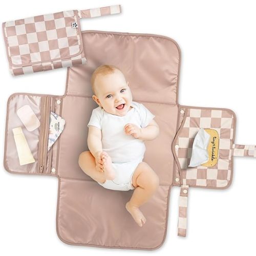 Tiny Twinkle Portable Diaper Changing Pad | Waterproof, Wipeable & Compact Baby Changing Pad for Travel | Smart Wipes Pocket & Organized Storage| Newborn Shower Gift (Beige Checkers)