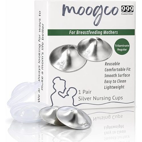 MOOGCO Silver Nursing Cups — 999k Silver Nipple Shields for Breastfeeding — Most Durable, Chemical-Free Nipple Protection (Regular, Set of 2)