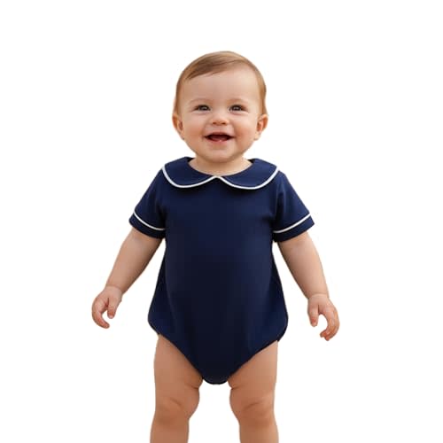 BULINGNA Newborn Baby Boy Girl Romper Summer Short Sleeve Bodysuit | Scalloped Collar, Solid Color, Basic Shirt, Summer Bodysuit for Infants Unisex Baby 0-18M, Blue Green Navy Blue