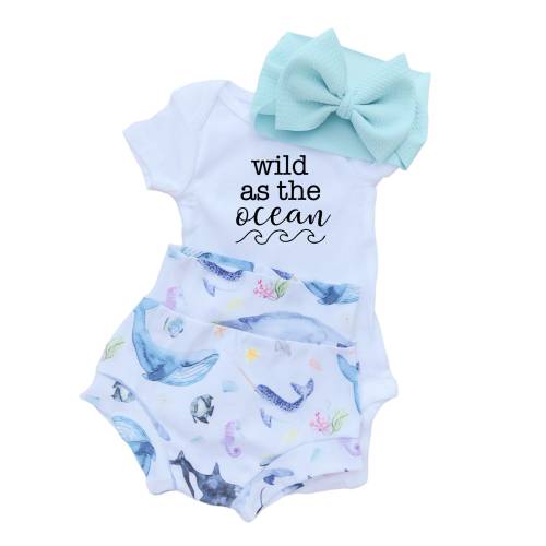 Wild As The Ocean Baby Bummies Set, Sea Animal Baby Girl Outfit, Underwater Bow, socks, and Bodysuit, Ocean Baby Gift Set