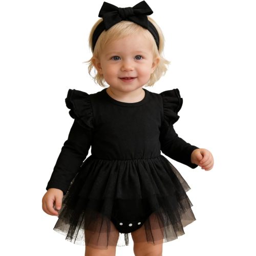 Baby Girl Clothes Infant Ruffle Sleeve Romper Dress Newborn Solid Tutu Skirt Sets Jumpsuit Headband Outfit