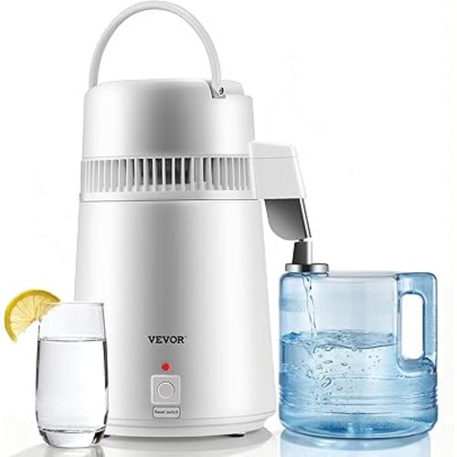 VEVOR Water Distiller, 1.1 Gal Distilled Water Machine, 750W Pure Water Distilling w/BPA Free Plastic Container, Water Distillation Kit w/Button, Countertop Distilled Water Maker for Home, White