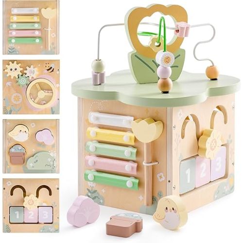 ROBUD Wooden Activity Cube, Activity Center for Baby, 7-in-1 Montessori Toys for 1+ Year Old Toddlers, Educational Toys for Garden World Theme