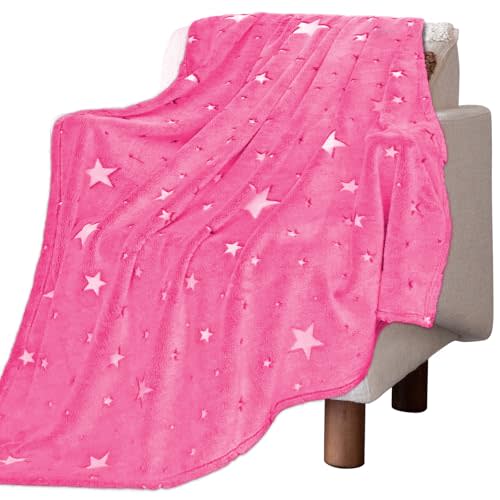 REXEO Glow in the Dark Pink Star Blanket for Girls, Soft Fleece Pink Blanket for Kids Toddlers Teens, Cute Bedroom Decor Throw, Birthday Gifts for Girls Age 3-12, 50"x60"