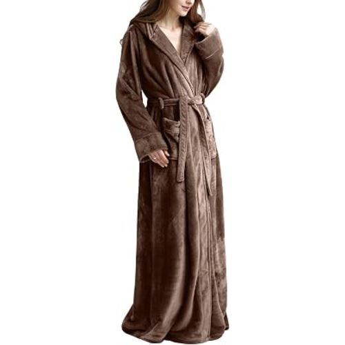 Flygo Womens Fluffy Plush Long Hooded Robe Full Length Fleece Bathrobe