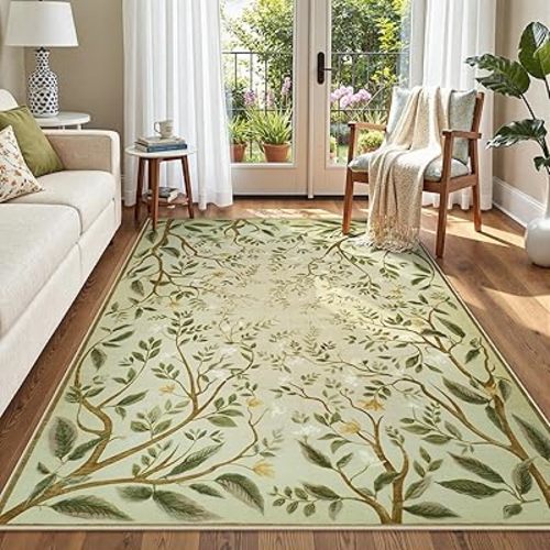 Collive Washable 5x7 Area Rugs, Green Living Room Bedroom Rug, Floral Forest Botanical Flourishing Vines Soft Non-Slip Stain Resistant Boho Carpet for Dining Room Office