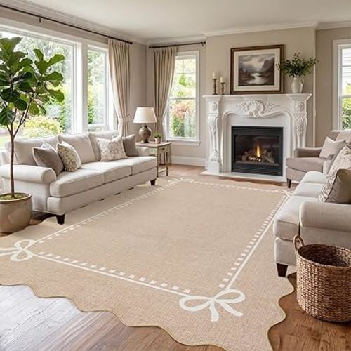 Garvee Scalloped Bow Rug 5x7, Soft Large Washable Area Rugs for Living Room Bedroom Dining, Non Slip Faux Wool Low Pile Farmhouse Nursery Decor, Boho Home Decor Rugs, Machine Washable,BeigeBrown