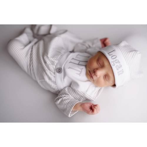 Baby boy coming home outfit, Monogrammed footie romper, Personalized Baby gift, sleeper, newborn pictures, silver mini stripe bib front