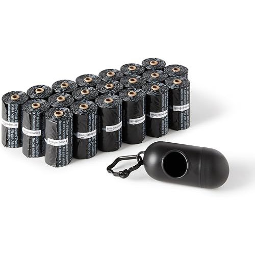 Amazon Basics Dog Poop Bags with Dispenser, 300 Count, Enhanced for Guaranteed Leakproof, Unscented, Includes Leash Clip