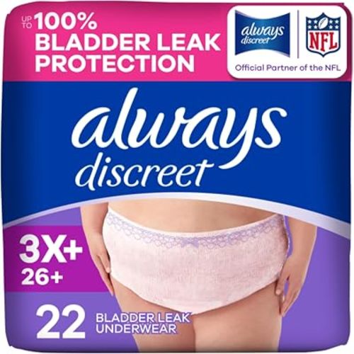Always Discreet Reimagined Adult Diapers for Women, Maximum Absorbency Incontinence and Postpartum Underwear Size 3X+, Up to 100% Leak Free Bladder Leak Protection, 22 Count​