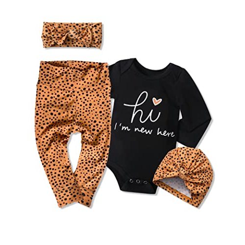 KANGKANG Newborn Baby Girl Clothes Hi I'm New Here Newborn Outfit Infant Romper Floral Pants Cute Baby Girl Outfits 4PC Set