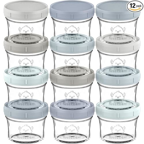 KeaBabies 12pk 4oz Glass Baby Food Containers with Lids, Leak-Proof (Slate) | Microwavable Small Glass Jars, Baby Purees, Toddler Snack Storage Containers, BPA-Free, Dishwasher-safe, Freezer Safe