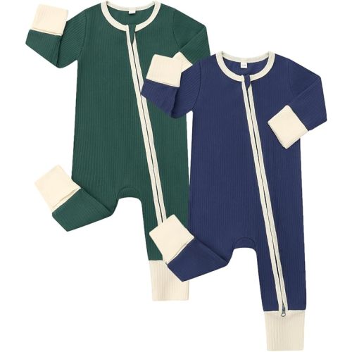 Bafeicao Baby Boy Girl 2 Pack Rompers with Mitten Cuffs, Ribbed Cotton 2 Way Zipper Romper One Piece Jumpsuits Clothes