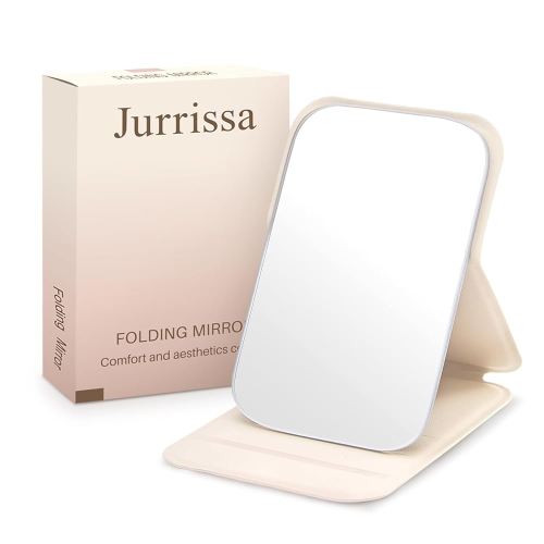 Compact Folding Mirror, 3.9" Small Portable Makeup Mirror for Pocket Purse, Mini Travel Size Foldable Mirrors with Stand for Tabletop, Handheld Mirrors for Women Girls (Beige)