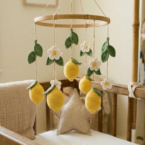 Crochet Lemon Baby Mobile – Handmade Crib Mobile with Flowers, Lemon Nursery Decor, Baby Shower Gift