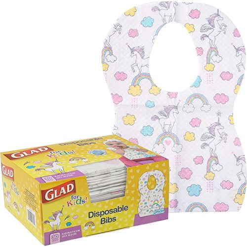 Glad For Kids Unisex Disposable Paper Bibs, 30 Ct - Disposable Bibs - Travel Bibs For Kids, Disposable Kids Bibs With Crumb Catcher - Unicorns - 30 Count