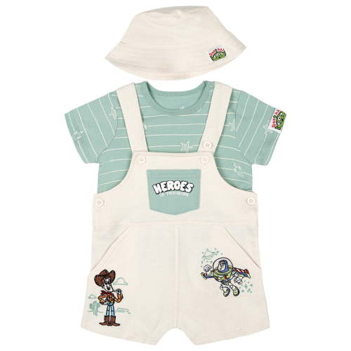 Disney Toy Story Baby Boys' Tee and Shortall Set with Bucket Hat Woody Buzz Sage