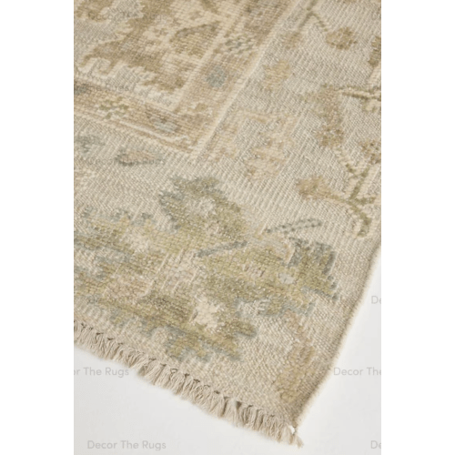 6x6 Round - Hand Knotted Wool Rug Cream Beige Oushak Minimal Distressed Floral Pattern Handmade Area Rug Soft Neutral Living Room Bedroom Rug