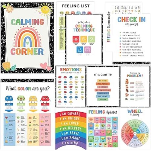 Set 12 Calming Corner Posters for Classroom Must Haves For Teachers, Composition Notebook Classroom Decor, 10x12 Calm Down Corner Supplies, Feelings Chart For Kids Ages 4-8, Feelings Wheel Poster