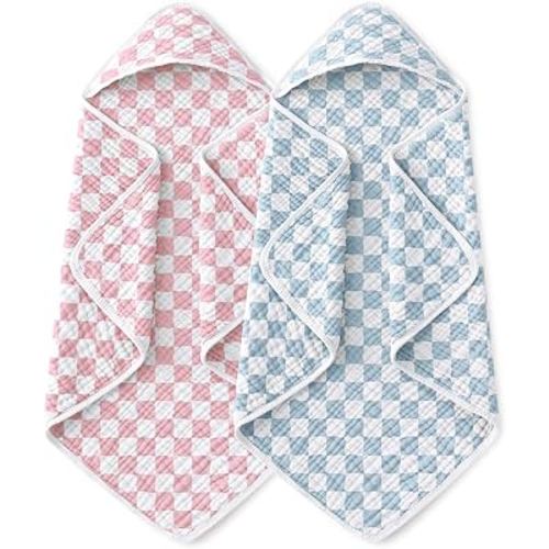 Yoofoss Hooded Baby Bath Towels 2 Pack 100% Muslin Organic Cotton with Hood | for Newborn, Babies, Infant, Toddler and Kids, 32x32 Inch, Soft and Absorbent, Baby Essential, Pink Blue Checkered